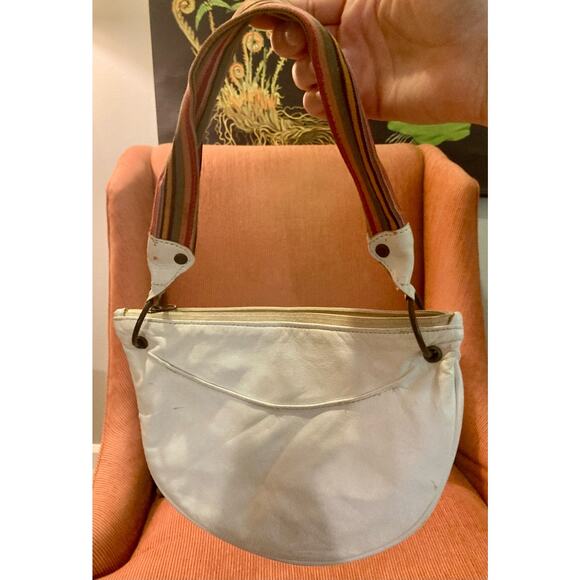 Bolsa White Leather Hobo Baguette Colorful Fabric Strap ~ HELLO LOVELY! - Picture 2 of 8